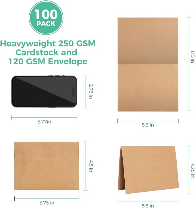 Ohuhu Blank Brown Kraft Cards and Envelopes 100 Pack - Image 2