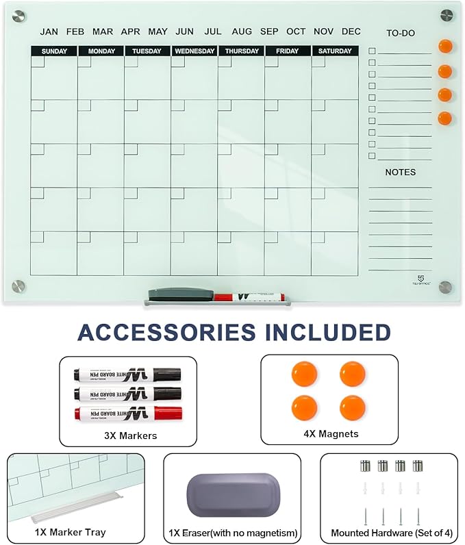 TSJ OFFICE Glass Calendar Whiteboard - 36 x 24 Inches Wall Mounted Monthly Dry Erase Calendar for Wall, Large Magnetic Glass White Board for Office, Home & School-DeskLoop Office