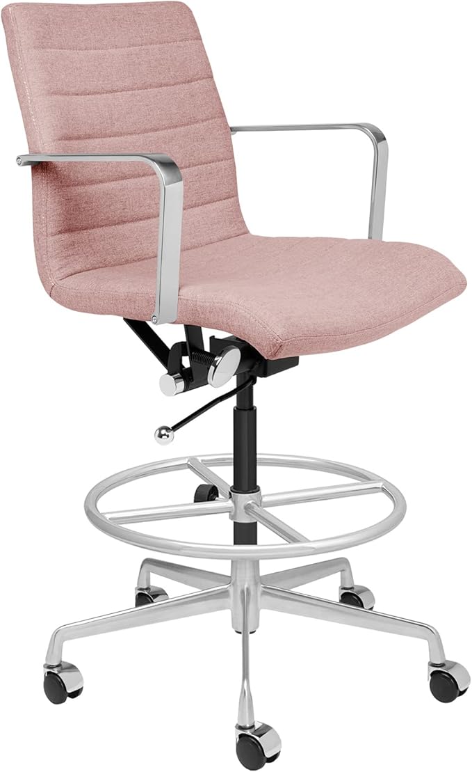 Laura Davidson Furniture SOHO II Ribbed Drafting Chair for Standing Desks, Standing Desk Chair - Ergonomically Designed, Draft Height, Arm Rest & Cushion, Made of Fabric, Coral Pink Fabric-DeskLoop Office
