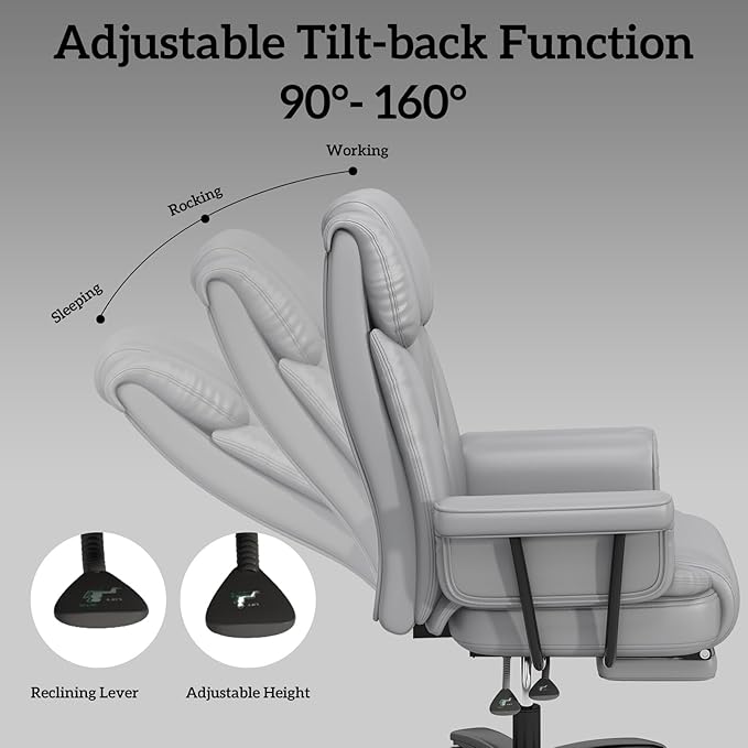 GYI Criss Cross Chair with Wheels, 160°Big and Tall Reclining Office Desk Chair with High Back, Wide Seat, Arms, Footrest, Grey-DeskLoop Office