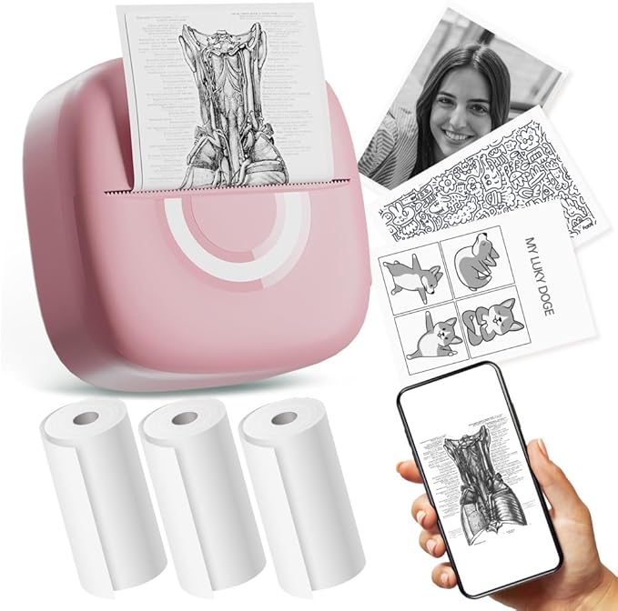 Mini Printer Sticker Thermal Printer with 3 Rolls Paper, Bluetooth Portable Phone Print Pods,Study Sticker Maker for Pictures, Photos, Journals, DIY, Compatible with Phone & Tablet-DeskLoop Office