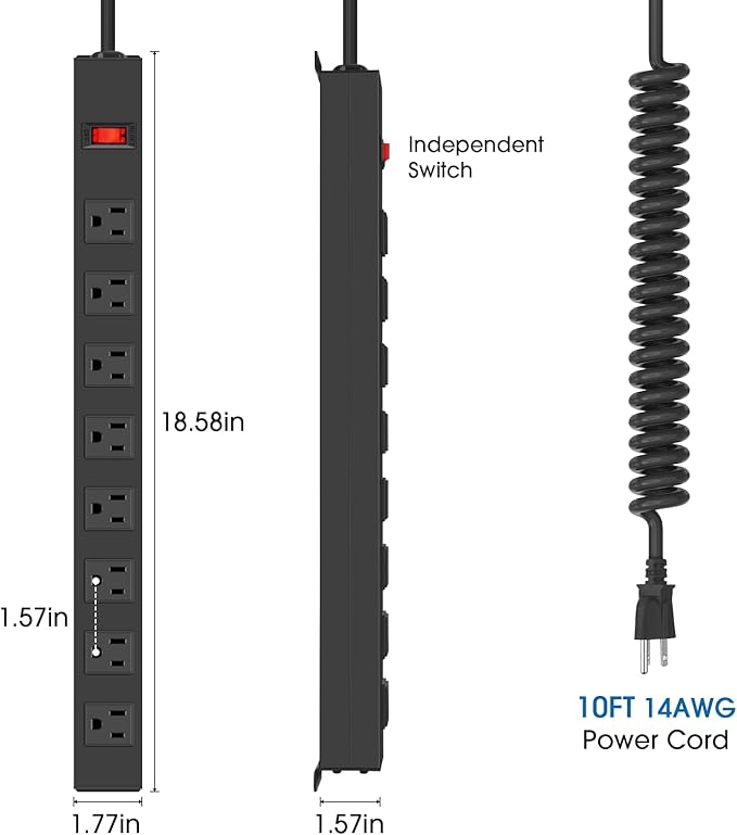 HHSOET 8 Outlet Metal Wall Mount Power Strip, Mountable Outlet with Switch, Heavy Duty Wide Spaced Surge Protector, 10 FT SJT 14AWG Black Spring Cord.-DeskLoop Office