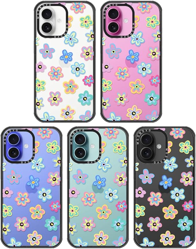 MOSNOVO Case for iPhone 16 Plus, [10ft 4X Military-Grade Drop Protection] Durable & Shockproof Phone Case Cover Design for iPhone 16 Plus - Groovy Flower - Clear Black-DeskLoop Office