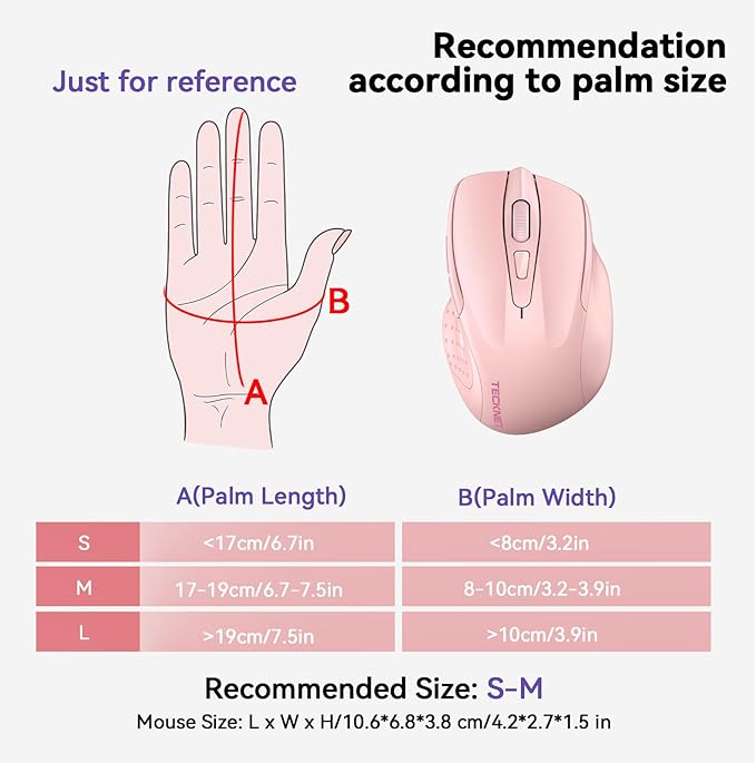 TECKNET Wireless Mouse (BT5.0/3.0 & 2.4G) Rechargeable 4800 DPI Silent USB A & Bluetooth Mouse 6 Buttons, Wide Compatibility - Pink-DeskLoop Office