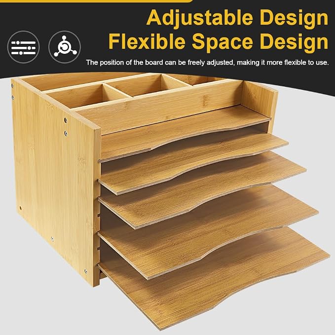 WKWKER 5-Tiers Bamboo File Organizer Paper Organizer Mail Sorter Document - Image 4