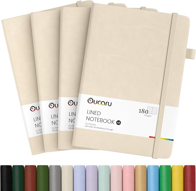 Oucaru Lined Journal Notebook, 4 Pack, 180 Pages, A5 Journals by Oucaru