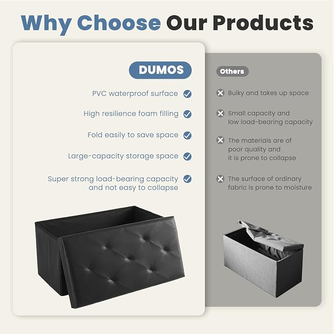 DUMOS 30 Inch Folding Storage Ottoman Bench, Large Hidden Storage Chest - Image 7