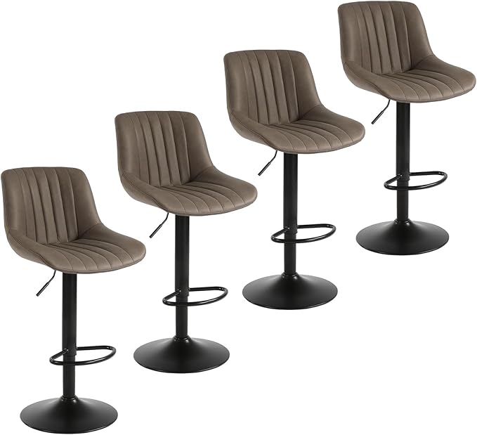 Bar Stools Set of 4, Swivel Counter Height Barstools with Back, Adjustable PU Leather Bar Chairs, Modern Armless Kitchen Island Stool, Brown-DeskLoop Office