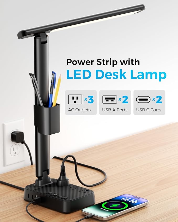 LED Desk Lamp with Power Strip, 3 AC Outlets & 4 USB Ports, Stepless Dimming & - Image 4