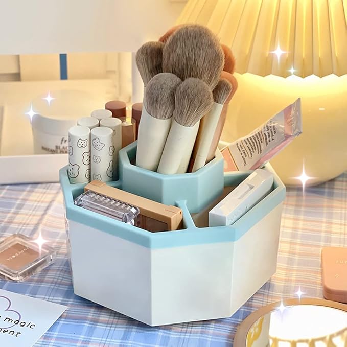 Desk Organizer, 360-Degree Rotating Multi-Functional Pen Holder, 5 Compartments Desktop Stationary Organizer, Home Office Art Supply Storage Box Caddy (White+Blue)-DeskLoop Office