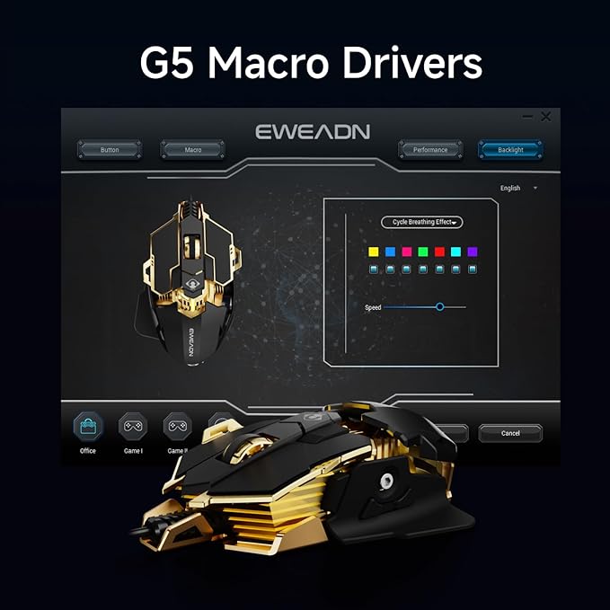 EWEADN G5 Wired Gaming Mouse, Ergonomic RGB Computer Mouse, 12800 Adjustable DPI, 9 Programmable Macro Buttons with Rapid Fire Key Compatible for PC/Laptop/Windows- Black&Gold-DeskLoop Office