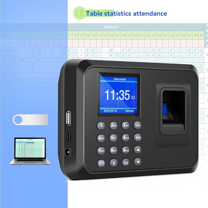 Fingerprint Time Clocks for Employees - Time Clock for Small Business Automatic Calculate Working Hours and Deduct Lunch Time, Punch and Power-off Protection with 8G USB Drive (0 Monthly Fee)-DeskLoop Office