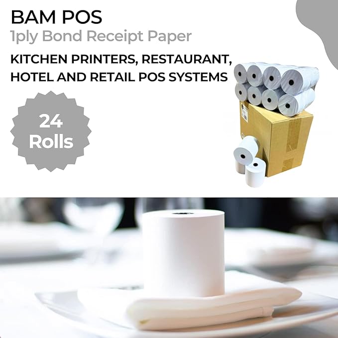 1Ply Bond Receipt Paper Rolls 3 x 150 White Paper for Kitchen Impact Printers TMU200 SRP275 Star SP700 Suitable For Printing Kitchen Tickets and Order receipts 24 Rolls Per Case-DeskLoop Office