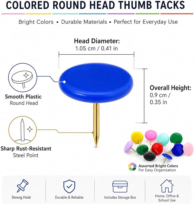 200 PCS Colored Round Head Thumb Tacks – Plastic Push Pins - Image 3