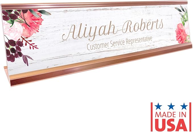 Personalized Rustic Floral Desk Plate / 8" x 2" Desk Sign/Faux Wood Pattern - Image 6