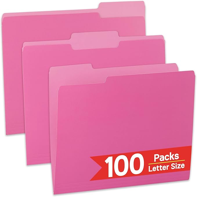 100 Packs Pink File Folder, 1/3-Cut Tabs, Manilla File Folders Letter Size by OfficeSuppliesDirect