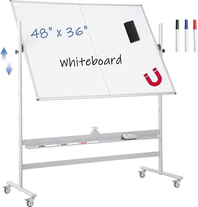 FORTUNO Magnetic Mobile Whiteboard 48"x36", Rolling Double Sided Dry Erase Board with Stand, Reversible Adjustable Height/Angle Easel White Board on Wheels 4' x 3' for Office Classroom Home-DeskLoop Office