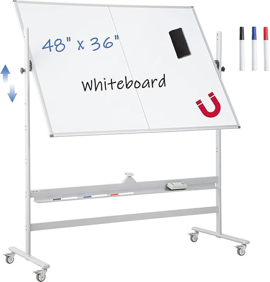 FORTUNO Magnetic Mobile Whiteboard 48"x36", Rolling Double Sided Dry Erase Board with Stand, Reversible Adjustable Height/Angle Easel White Board on Wheels 4' x 3' for Office Classroom Home-DeskLoop Office