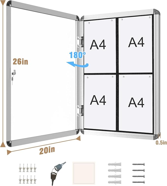26"x20" Enclosed Bulletin Board, Lockable Weather-Resistant Aluminum Cork Noticeboard for School & Office, Silver Frame w/Black Flet-DeskLoop Office