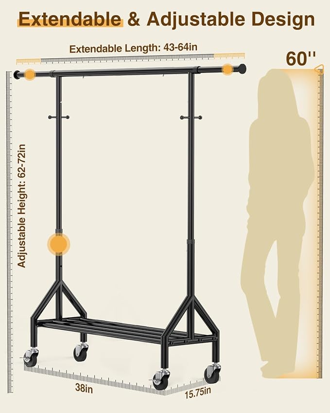 Heavy Duty Clothes Rack Load 520LBS, Adjustable Rolling Clothing Rack with Sturdy Wheel, Metal Industrial Closet Garment Racks for Hanging Clothes Coat, Portable for Bedroom, Laundry Living Room-DeskLoop Office