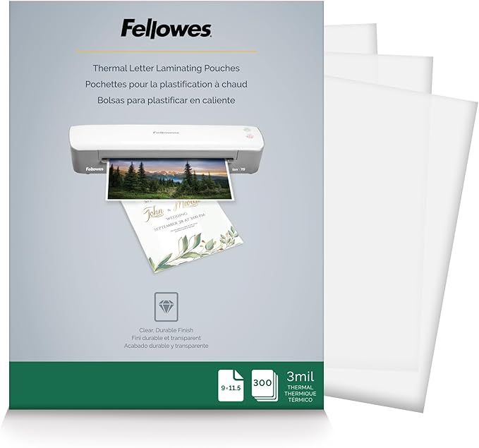 Fellowes Thermal Laminating Pouches, Letter Size Sheets, 3mil, 300 Pack, Clear (5247101)-DeskLoop Office