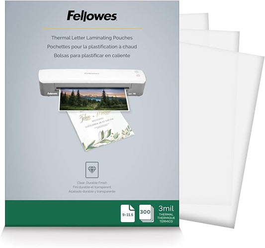 Fellowes Thermal Laminating Pouches, Letter Size Sheets, 3mil, 300 Pack, Clear (5247101)-DeskLoop Office