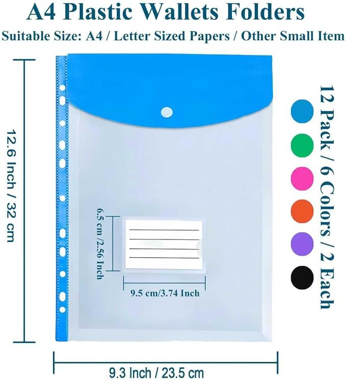 Clear Plastic Document Envelopes, 12 Pack, 6 Colors, Button Closure, - Image 3