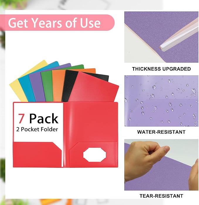 Folders with Pockets 7 Pack, 2 Pocket Folders Bulk, Colored File Folders - Image 2