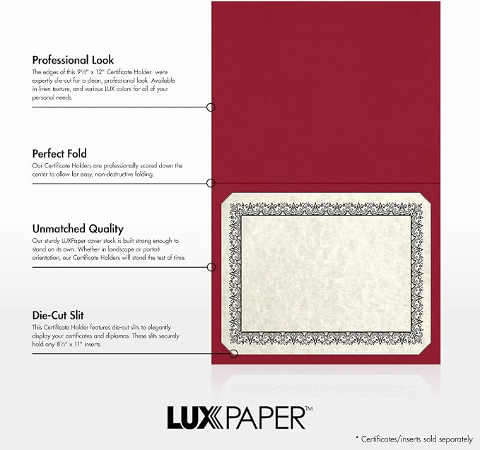 LUXPaper 9.5" x 12" Certificate Holders | Burgundy Linen | 100lb. Cover | 250 - Image 2