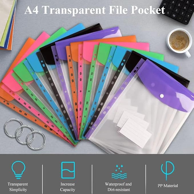 Clear Plastic Document Envelopes, 12 Pack, 6 Colors, Button Closure, - Image 4