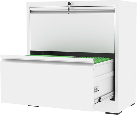 2 Drawer File Cabinet with Lock, White Metal Lateral Filing Cabinets for Home Office, Heavy Duty Steel Horizontal Locking Storage Cabinet for Legal/Letter/A4 Size File, Assembly Required