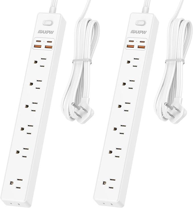 2 Pack Power Strip Surge Protector - 7 Outlets 4 USB Ports (2 USB C), 6 Ft Ultra Thin Flat Plug Extension Cord, 1875W/15A, 1700 Joules, Wall Mount for Home Office Dorm, White-DeskLoop Office