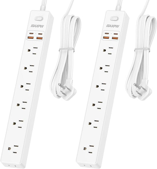 2 Pack Power Strip Surge Protector - 7 Outlets 4 USB Ports (2 USB C), 6 Ft Ultra Thin Flat Plug Extension Cord, 1875W/15A, 1700 Joules, Wall Mount for Home Office Dorm, White-DeskLoop Office