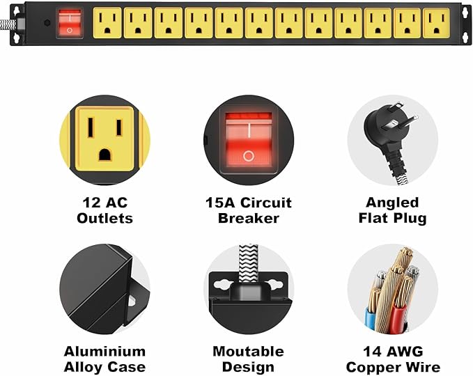 12 Outlet Heavy Duty Power Strip with 15A Circuit Breaker,Metal Wall Mount Power Strip for Garage Workshop Industrial 1200J 15A 125V 1875W 6ft Cord-DeskLoop Office