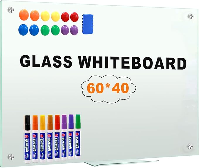 H-Qprobd Glass Whiteboard 60"x40" Magnetic Dry Erase White Board for Wall, Includes 12 Magnets, 8 Markers and 2 Erasers-DeskLoop Office