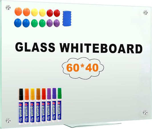 H-Qprobd Glass Whiteboard 60"x40" Magnetic Dry Erase White Board for Wall, Includes 12 Magnets, 8 Markers and 2 Erasers-DeskLoop Office