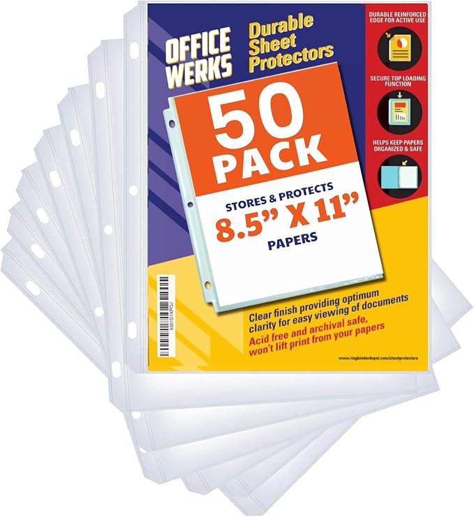 Sheet Protectors for 3 Ring Binder, 50 Pack Heavyweight Plastic Sleeves | Page by Office+Werks
