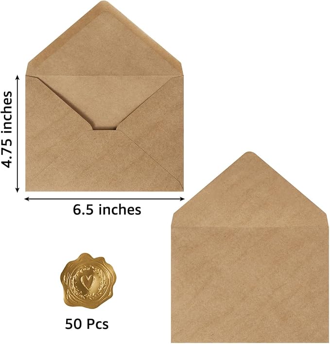 50 Pack A6 Envelopes with Stickers Brown, 6 1/2 x 4 3/4 Inches | 4x6 Envelopes - Image 2