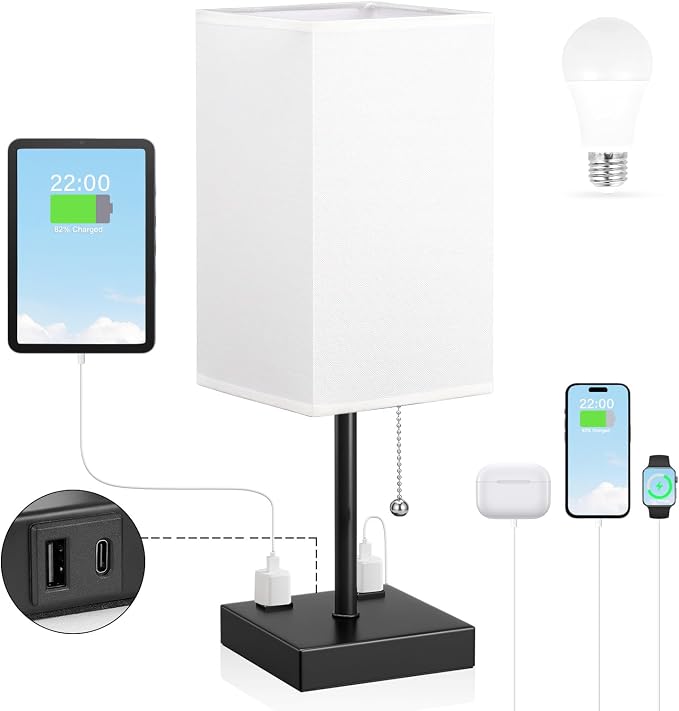 White Medium Table Lamp with USB Ports by Aooshine
