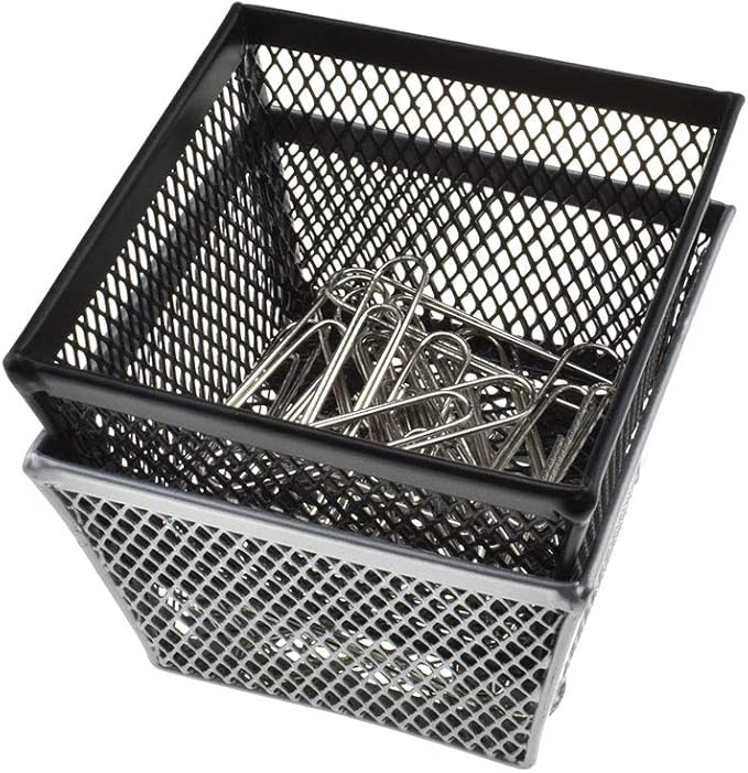 HAHIYO Stackable Paper Clip Mesh Holder Cup 2.2" Height 4 Pack Sturdy Paperclip Holder Container for Desk Drawer Organizer Collection for Home Office School Black Silver Soft Foam Feet No Sharp Edges-DeskLoop Office