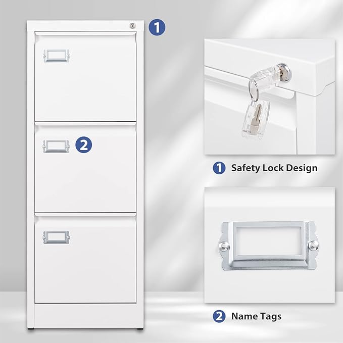 3 Drawer File Cabinet, Filing Cabinets for Home Office, Metal Vertical File Storage Cabinet with Lock, Locking File Cabinet for A4 Legal/Letter, 15" W x 17.7" D x 38.6" H, Assembly Required-DeskLoop Office