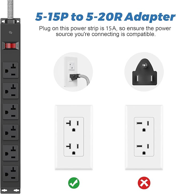 Heavy Duty Power Strip 20 amp Surge Protector,Wall mountable Power Strip,12 Gauge Extension Cord 5-15P Adapter High Amp 6-20R T-Slot Industrial Outlet,for Garage,Workshop & Industrial-DeskLoop Office