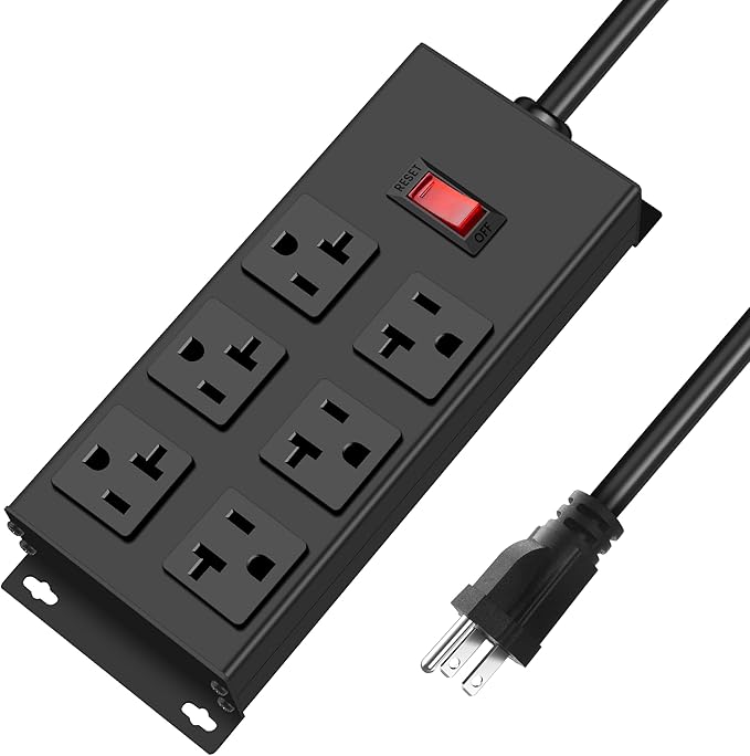 JUNNUJ Heavy Duty 20 Amp Power Strip, Garage 6 Outlets Metal 12 Gauge Surge Protector 3000J, High Amp 5-15P Adapter Shop 6-20R T-Slot Industrial (6AC, 6FT)-DeskLoop Office