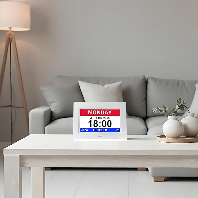 Digital Calendar Alarm Clock for Seniors - 7" Large Display with Day/Date, 12 Custom Alarms & Auto-Dimming | Medication Reminder, Dementia-Friendly Design, Easy Read (White)-DeskLoop Office