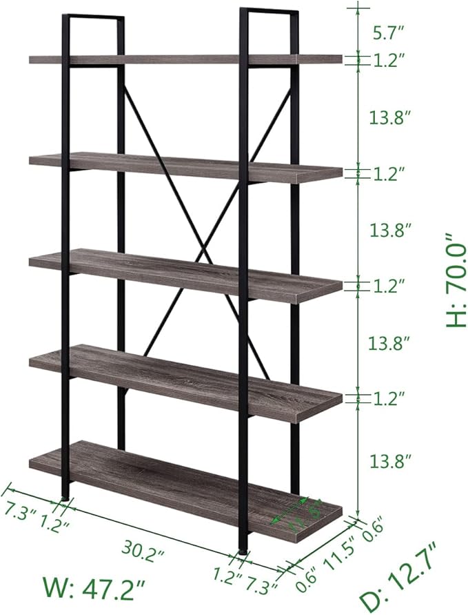 HSH 5-Shelf Vintage Industrial Rustic Bookshelf, 5 Tier Wood and Metal Bookcase, Open Etagere Book Shelf, Farmhouse Wooden Bookshelves, Light Grey Oak-DeskLoop Office