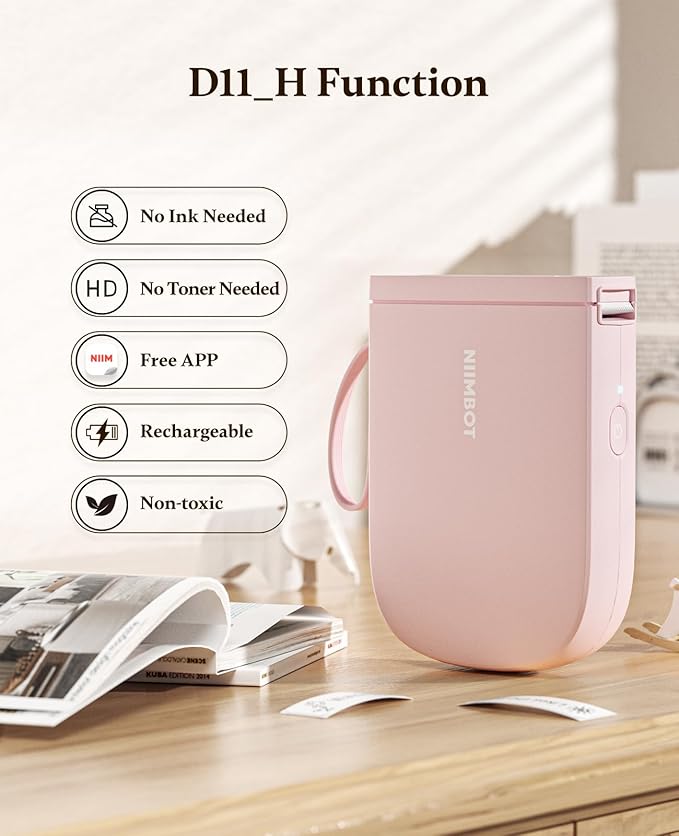 NIIMBOT Label Maker Bluetooth Mini Label Printer D11 2024 Version, Portable Label Maker with Tape Thermal Sticker Small Labeler, 300 DPI High Clearity Rechargeable, Pink-DeskLoop Office
