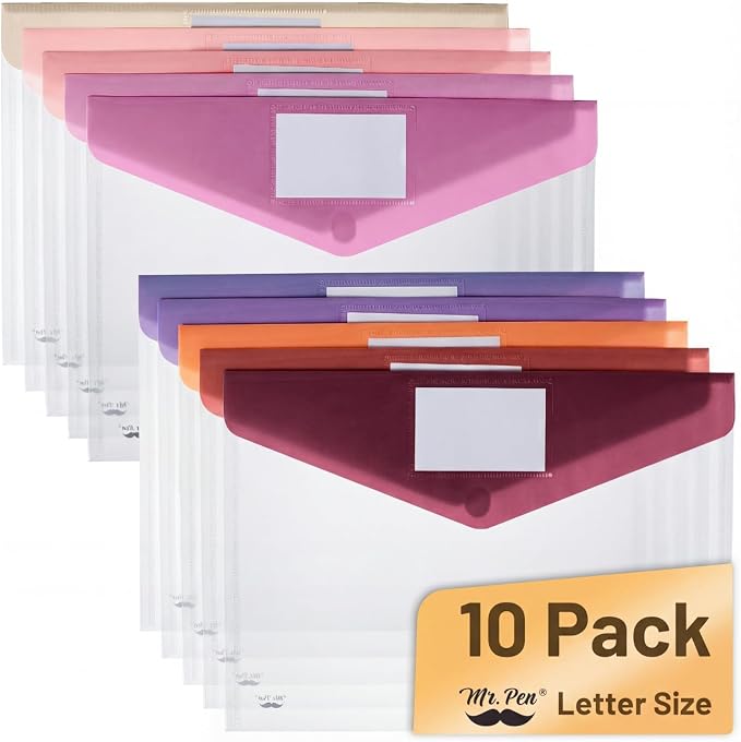 Mr. Pen- Clear Plastic Envelopes File Folders, 10 Pack, Letter Size | Colorful by MrPen