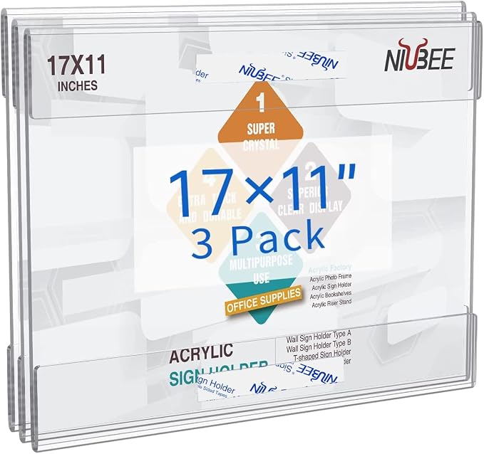NIUBEE Acrylic Sign Holder 17 x 11 Horizontal Wall Mount Sign Holders Clear by NIUBEE