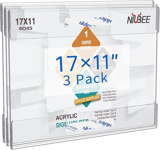 NIUBEE Acrylic Sign Holder 17 x 11 Horizontal Wall Mount Sign Holders Clear by NIUBEE