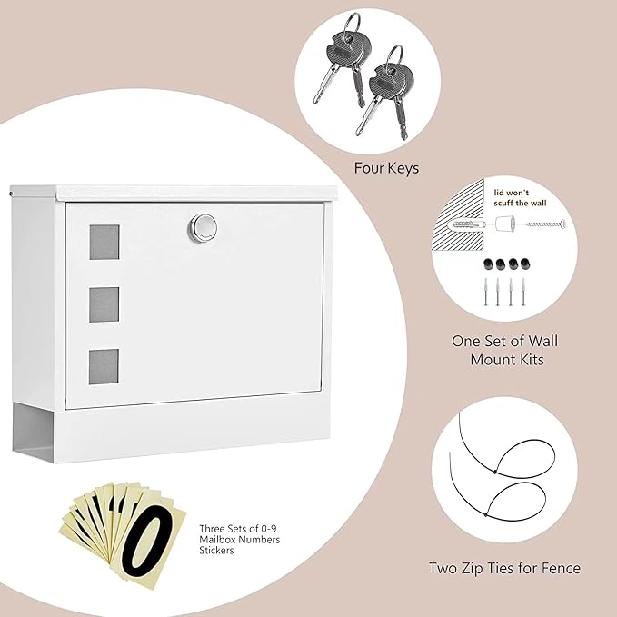 LAND·VOI Locking Mailbox Wall Mounted, Metal Postbox with Three Sets of Mail Box Number Stickers, 4 Keys, 14.4" x 4.5" x 11.2", Large Capacity, Textured White, AMB11W-DeskLoop Office